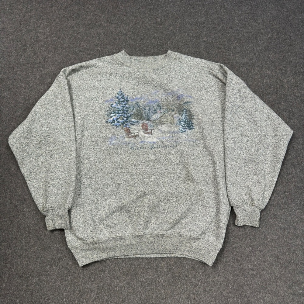Vintage Winter Reflections Cabin Scene Sweatshirt Gray Heathered Medium